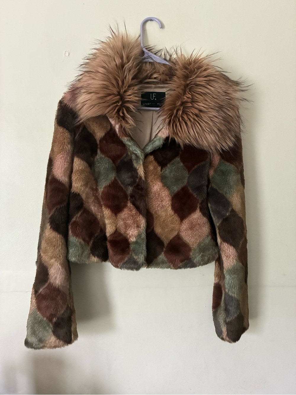 Unreal Fur Patchwork Faux Fur Teddy Jacket in Brown & Olive Tones